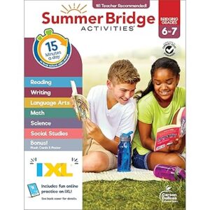 summer bridge activities 6th to 7th grade workbooks all subjects, middle school books with math, language arts, reading comprehension, science, social studies, fitness, flash cards, and more